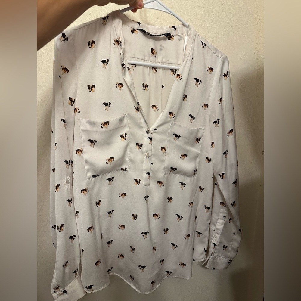Zara Woman White and Brown Patterned Top